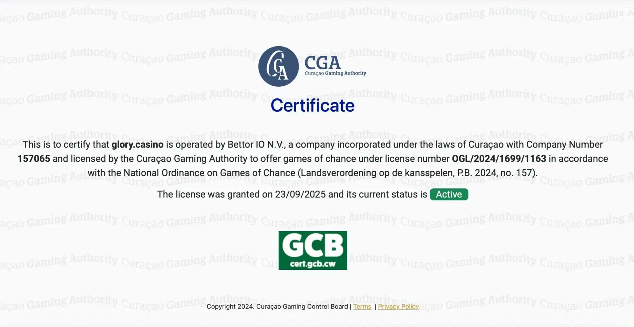 Glory Casino GCB License Certificate