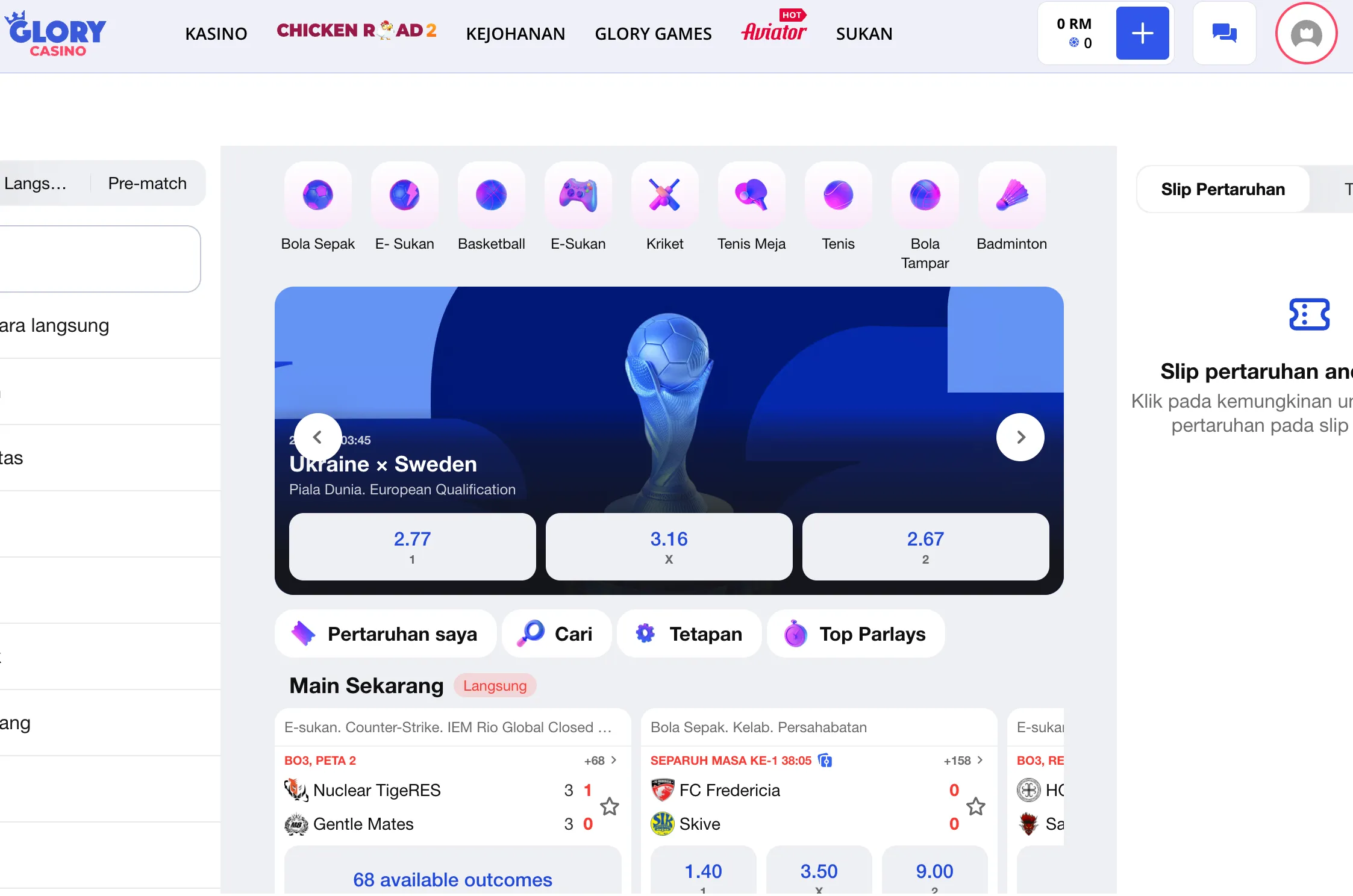 Glory Casino Sukan Betting Interface